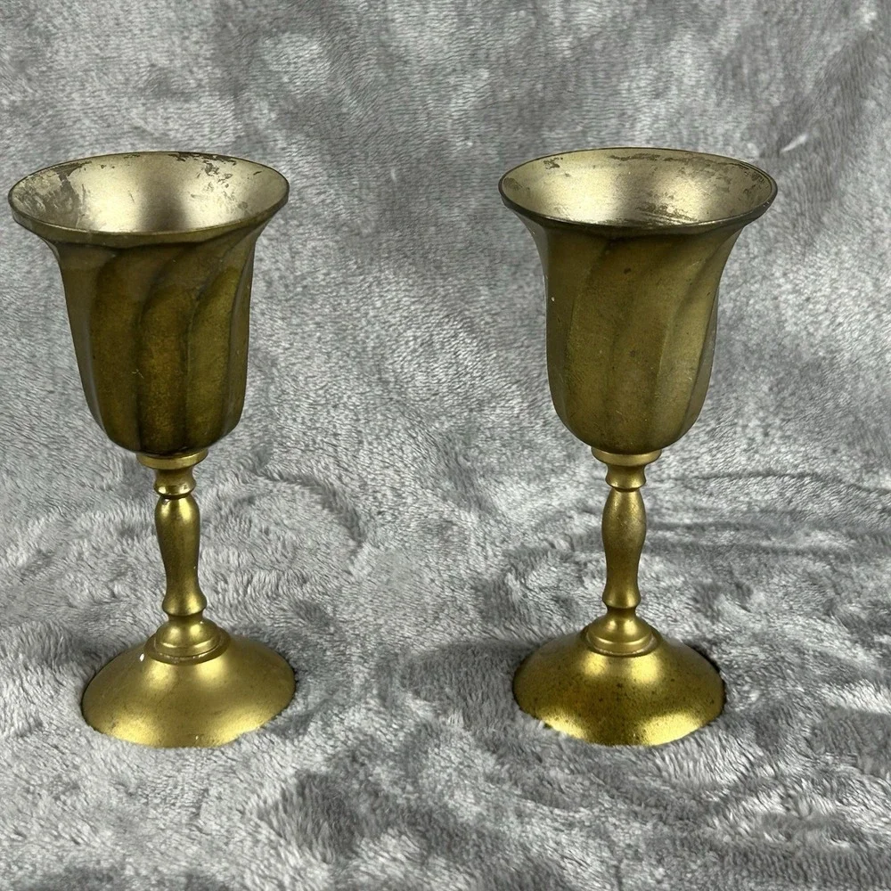 Vintage Miniature‎ Brass Goblet Candle Sticks Lots Of Patina
